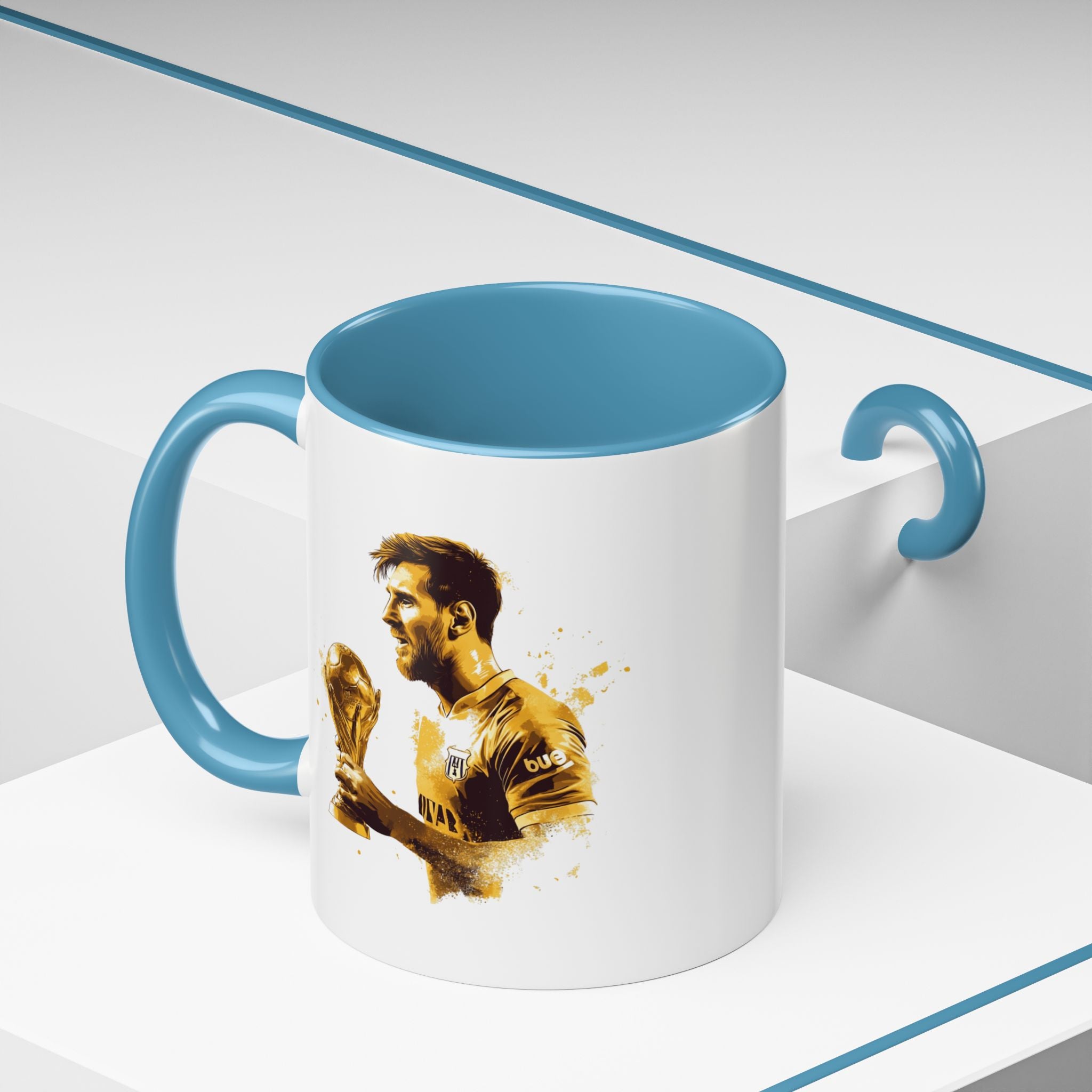Soccer Legend Coffee Mug — Player Holding Trophy Accent Mug