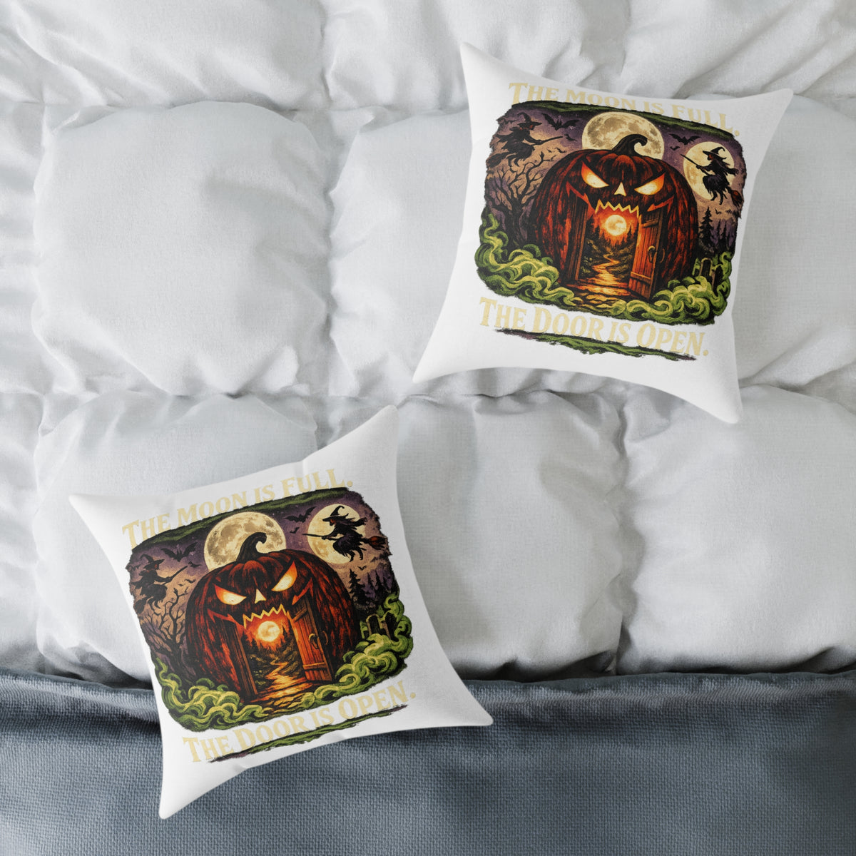 Halloween Pumpkin Doorway Square Pillow — Spooky Haunted House Decorative Throw Pillow