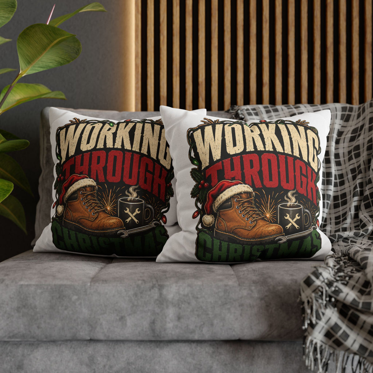 Christmas Work Boots Pillowcase Modern Day Christmas  – "Working Through Christmas" Holiday Throw Pillow Cover