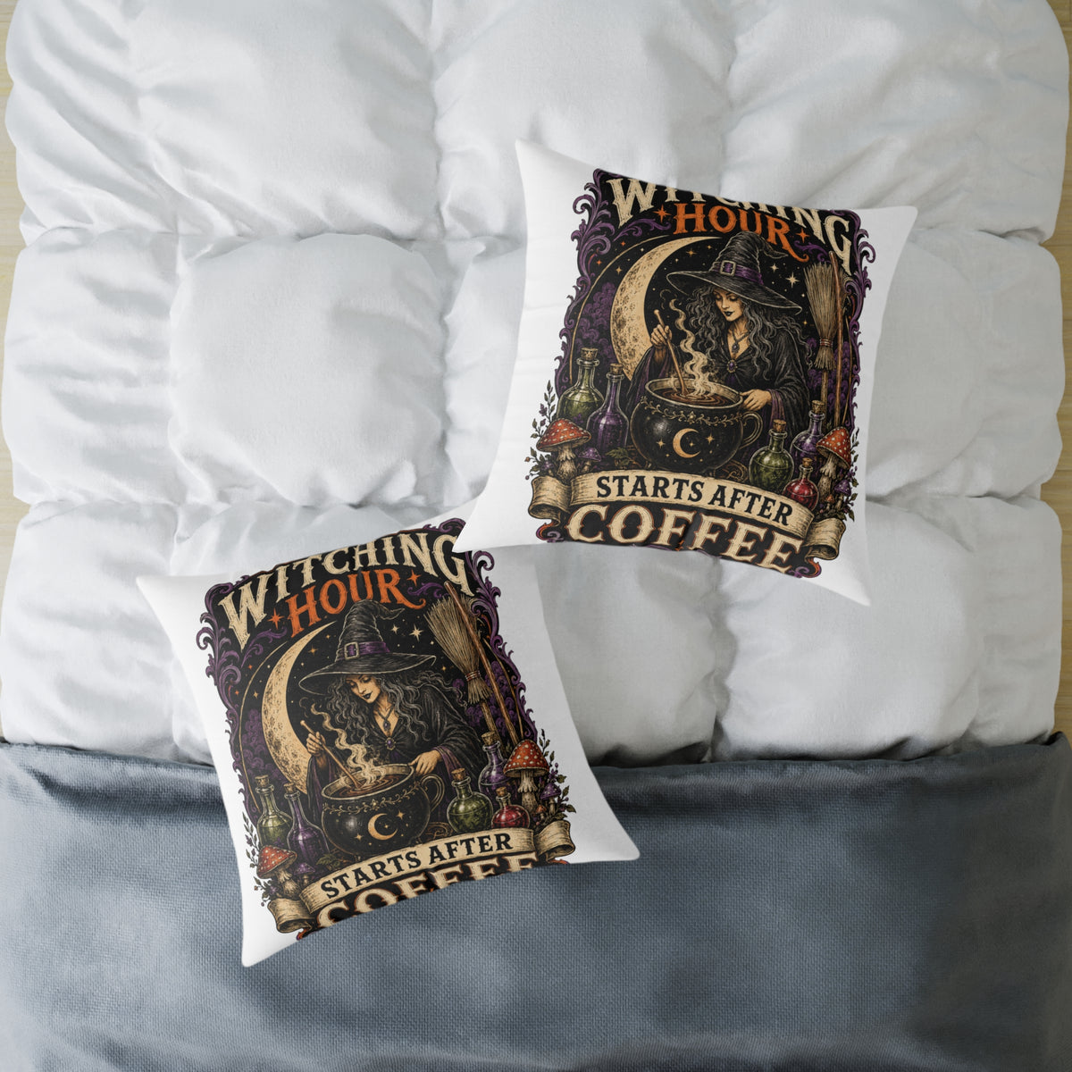 Halloween Witching Hour Pillow — 'Witching Hour Starts After Coffee' Gothic Witch Decorative Cushion