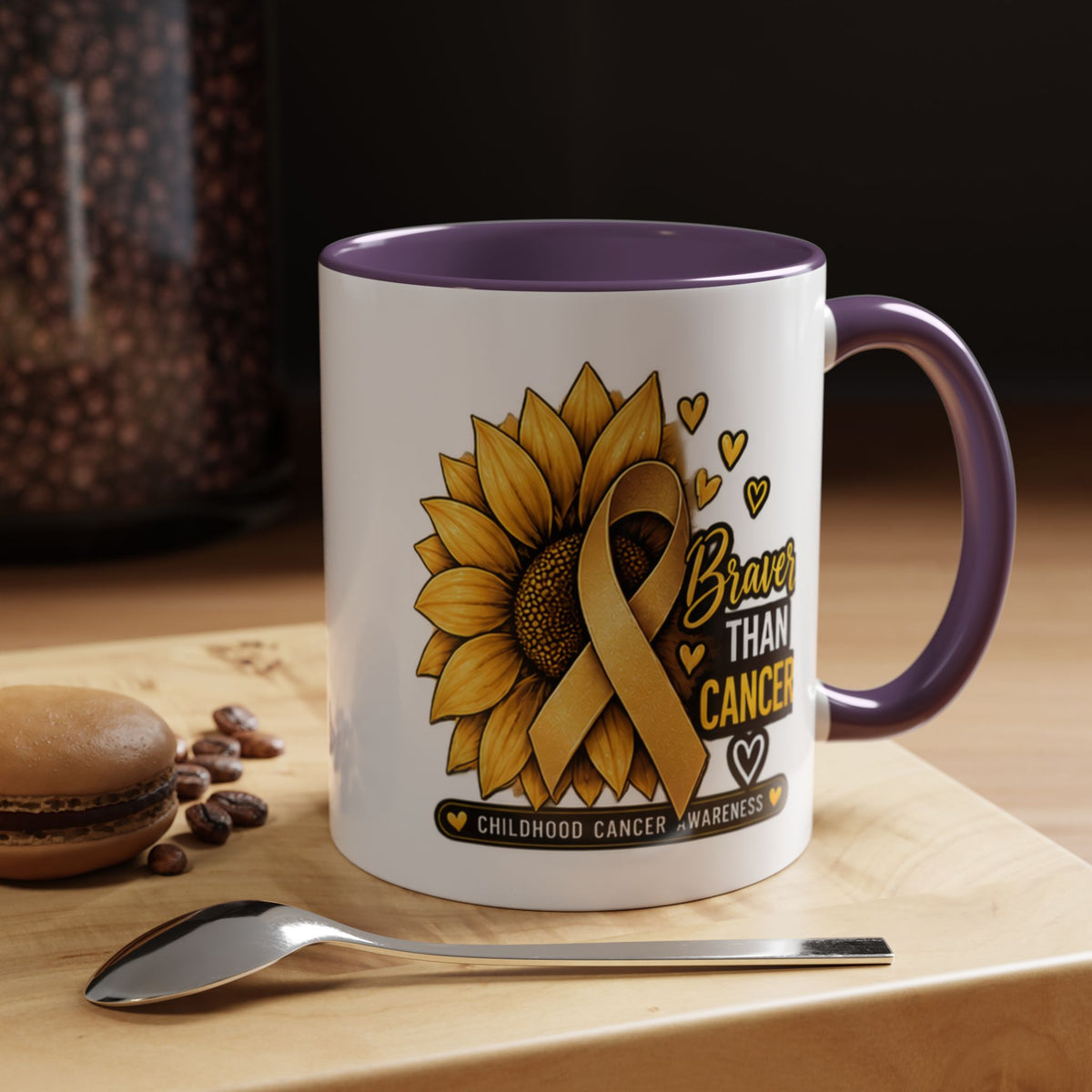 Childhood Cancer Awareness Mug — "Braver Than Cancer" Sunflower & Gold Ribbon