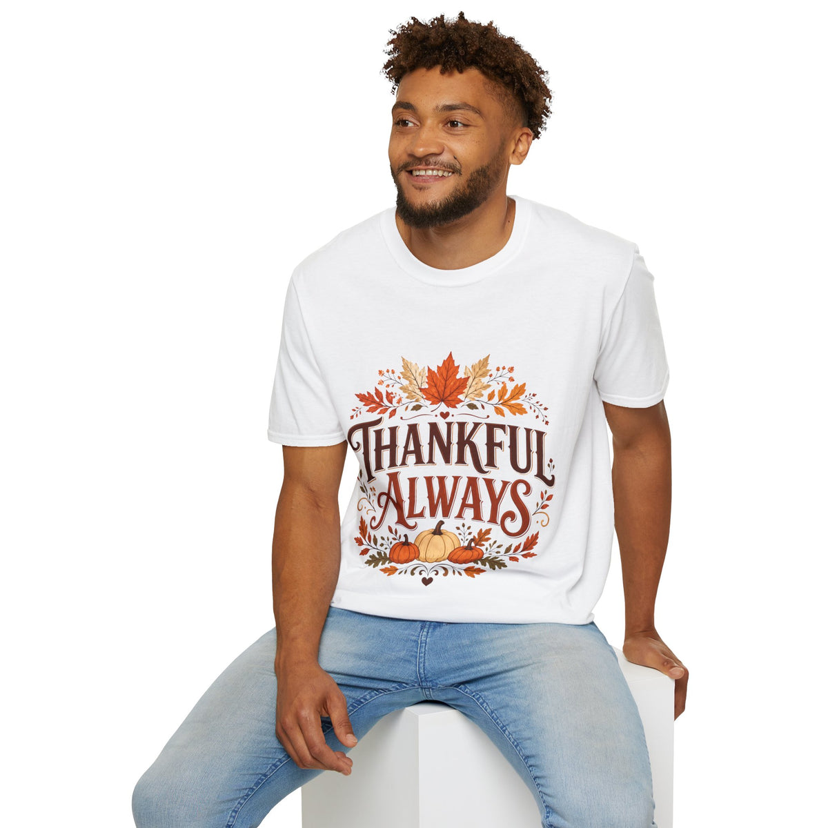 Thanksgiving T-Shirt Thankful Always T-Shirt — Autumn Leaves & Pumpkins Thanksgiving Tee