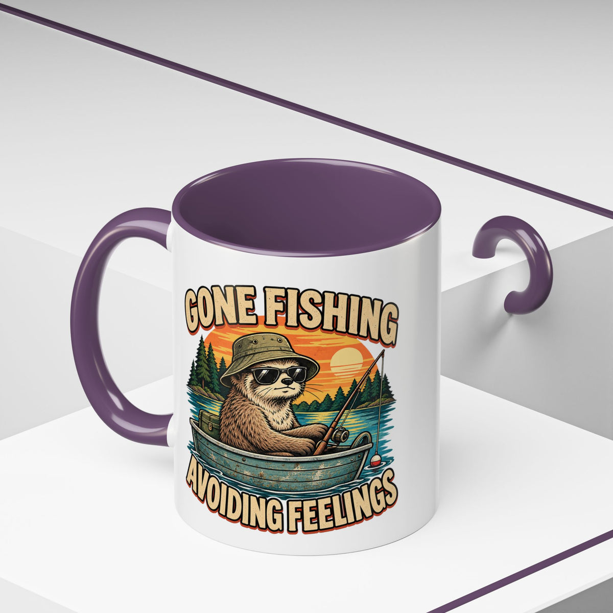Funny And Witty "Gone Fishing Avoiding Feelings" Accent Coffee Mug (11, 15oz)