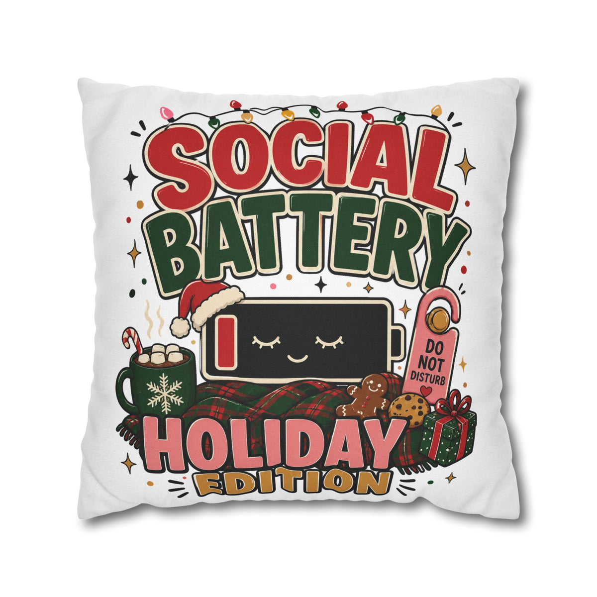 Social Battery Holiday Pillowcase  Modern Day Christmas — Cute Rechargeable Battery Christmas Throw Pillow Cover