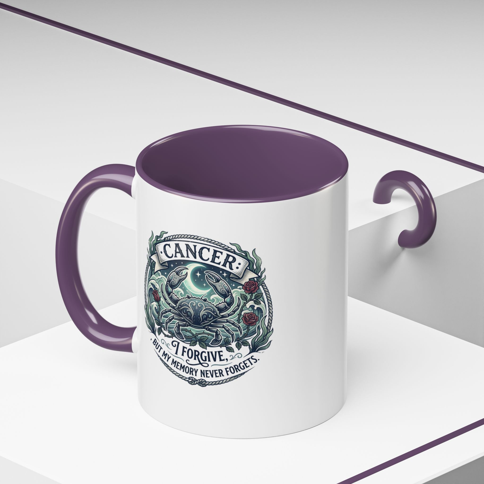 Cancer Zodiac Accent Coffee Mug — 'I Forgive But My Memory Never Forgets' Horoscope Gift