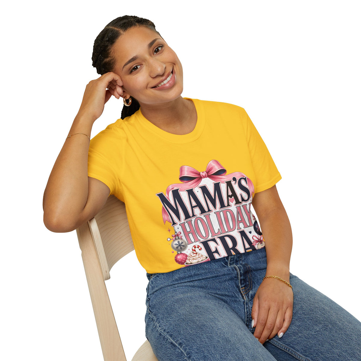 Mama's Holiday Era T-Shirt — Festive Pink Bow Christmas Tee for Moms