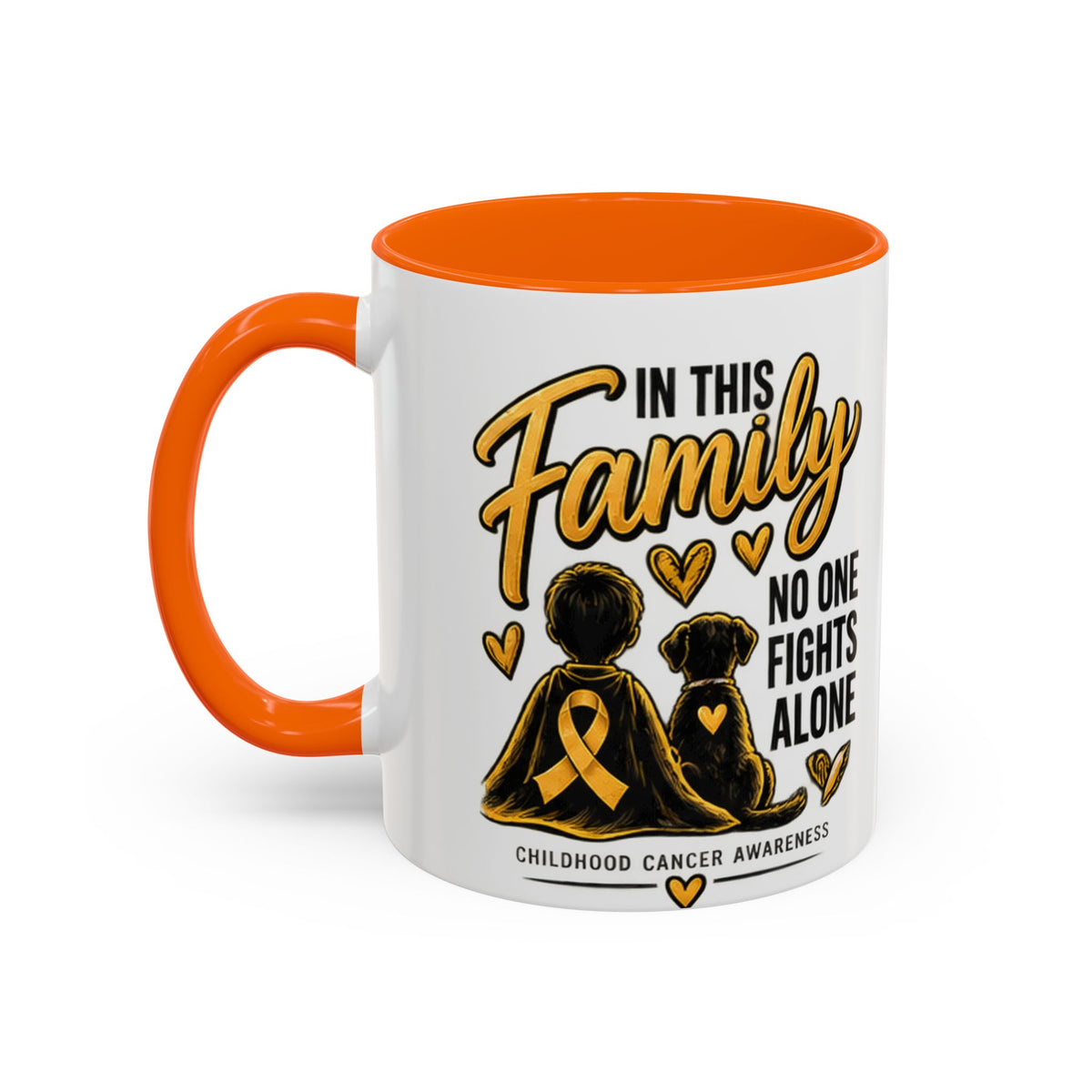 Childhood Cancer Awareness Accent Coffee Mug – "In This Family No One Fights Alone" (11/15oz)