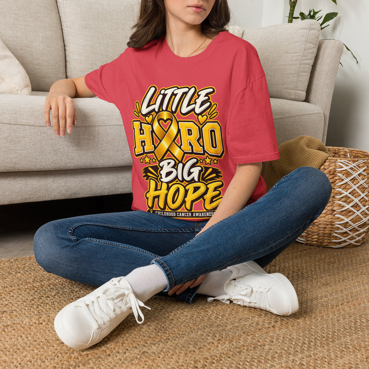 Kids Childhood Cancer Awareness T-Shirt — "Little Hero Big Hope" Gold Ribbon