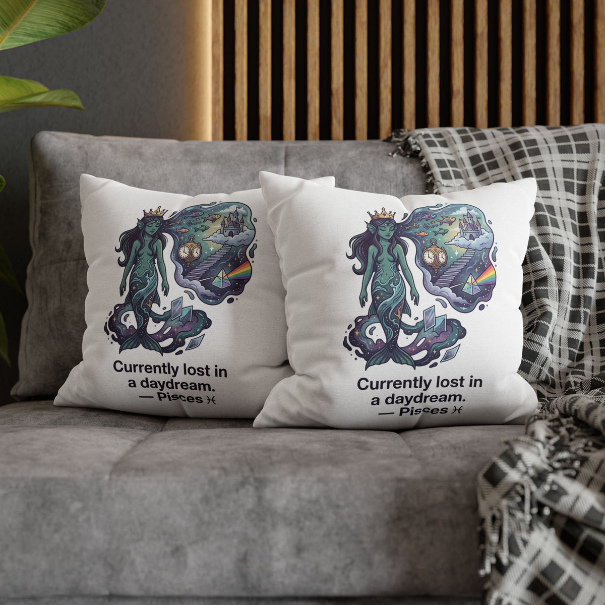 Pisces Mermaid Pillowcase — "Currently Lost in a Daydream" Decorative Throw Pillow