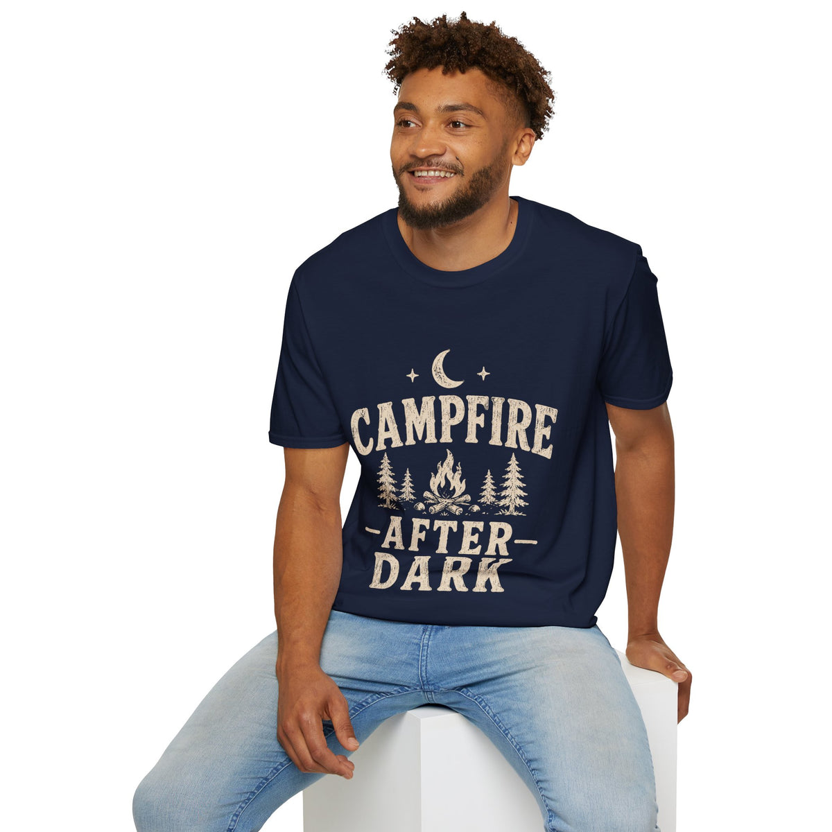 Campfire After Dark T-Shirt — Cozy Camping Moon & Trees Graphic