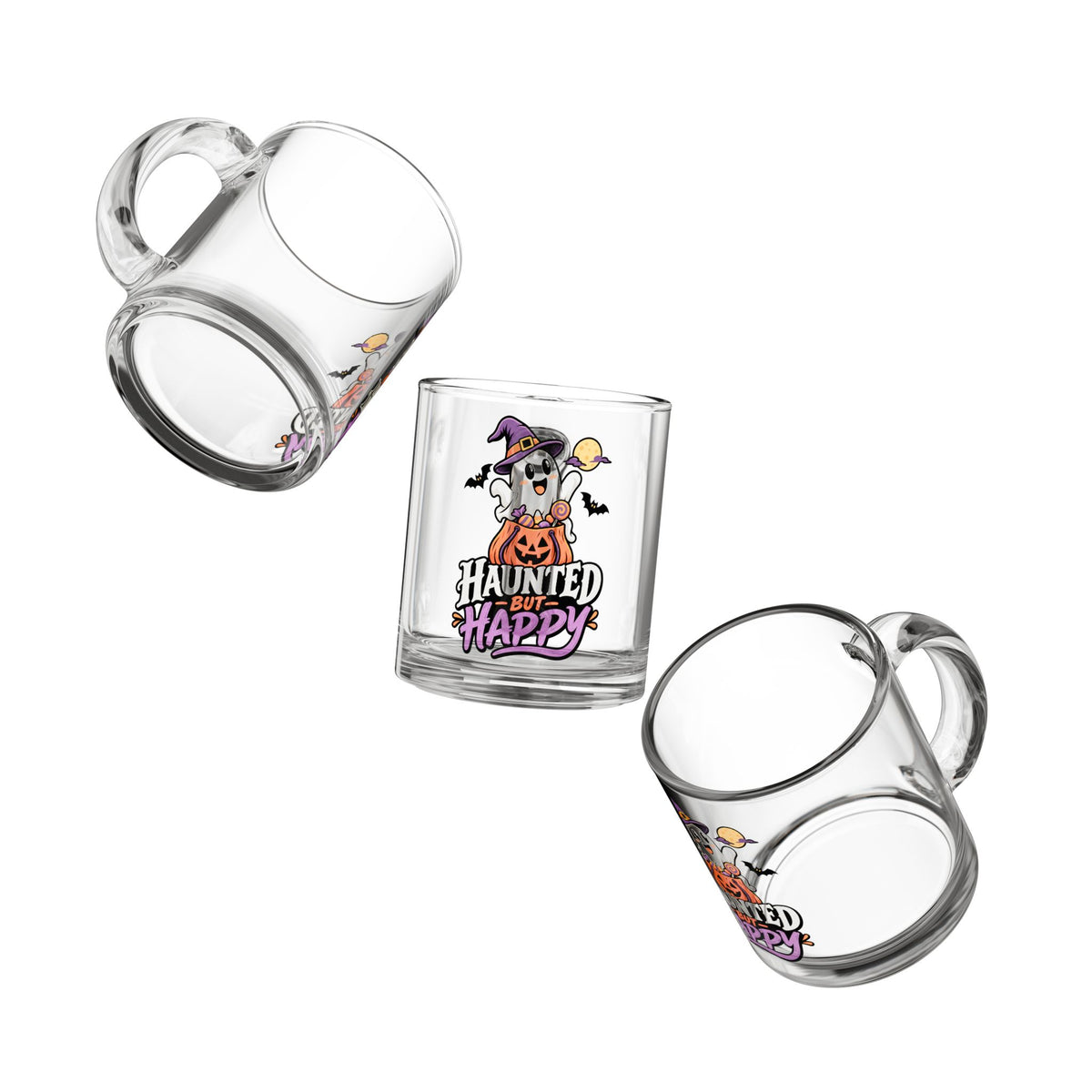 Haunted But Happy Glass Mug — Cute Halloween Ghost Pumpkin 10oz