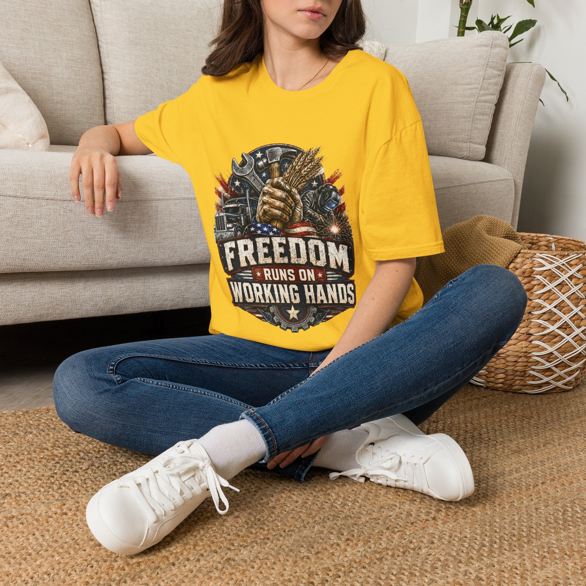 Freedom Runs on Working Hands T-Shirt — Patriotic Mechanic Tool & Wheat Design