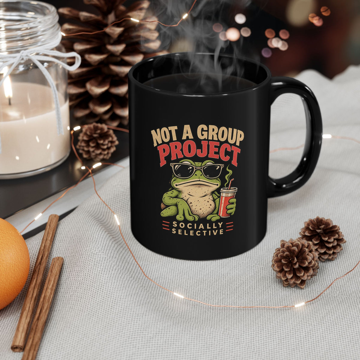 Funny Frog Coffee Mug — "Not a Group Project, Socially Selective" Black Ceramic Mug