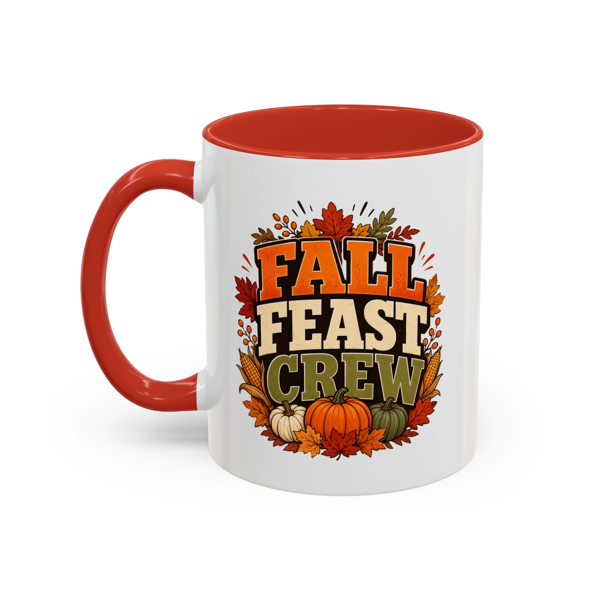 Thanksgiving Mug Fall Feast Crew Coffee Mug — Thanksgiving Pumpkin Autumn Leaves Accent Mug