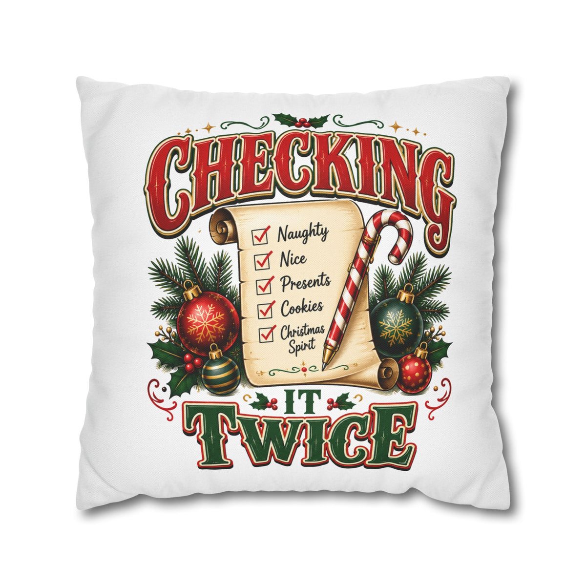 Checking It Twice Christmas Pillowcase — Festive Holiday Checklist Throw Pillow Cover