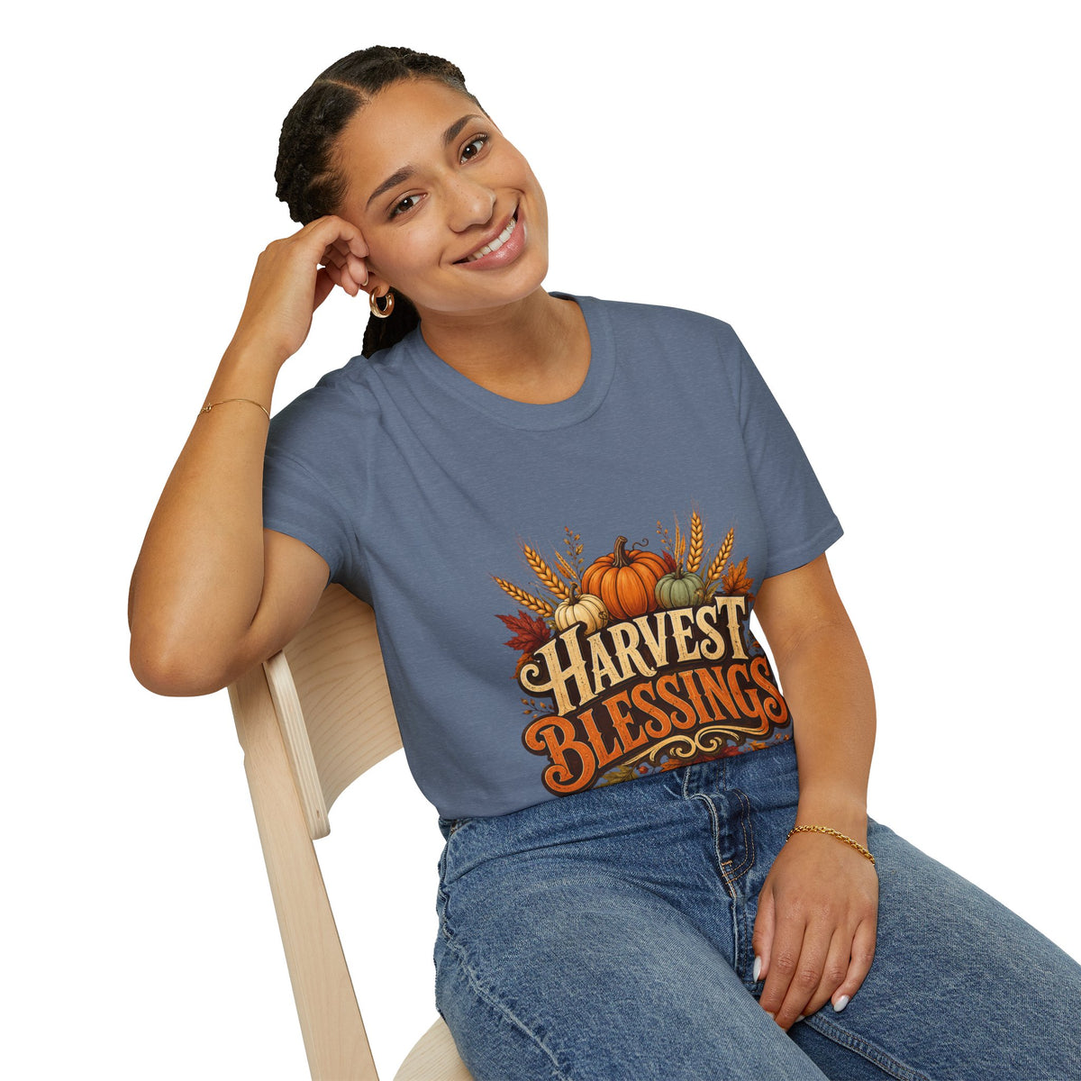 Thanksgiving T-Shirt Harvest Blessings T-Shirt — Fall Pumpkin & Wheat Autumn Tee