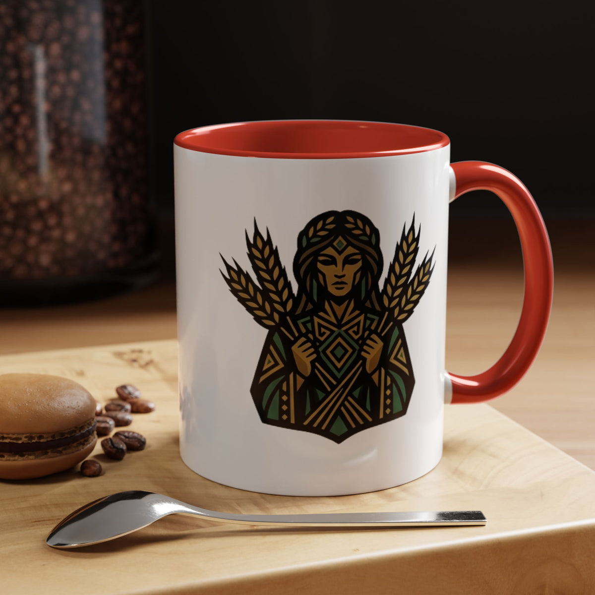 Virgo Zodiac Harvest Goddess Accent Coffee Mug — Rustic Wheat & Earthy Green Tribal Design