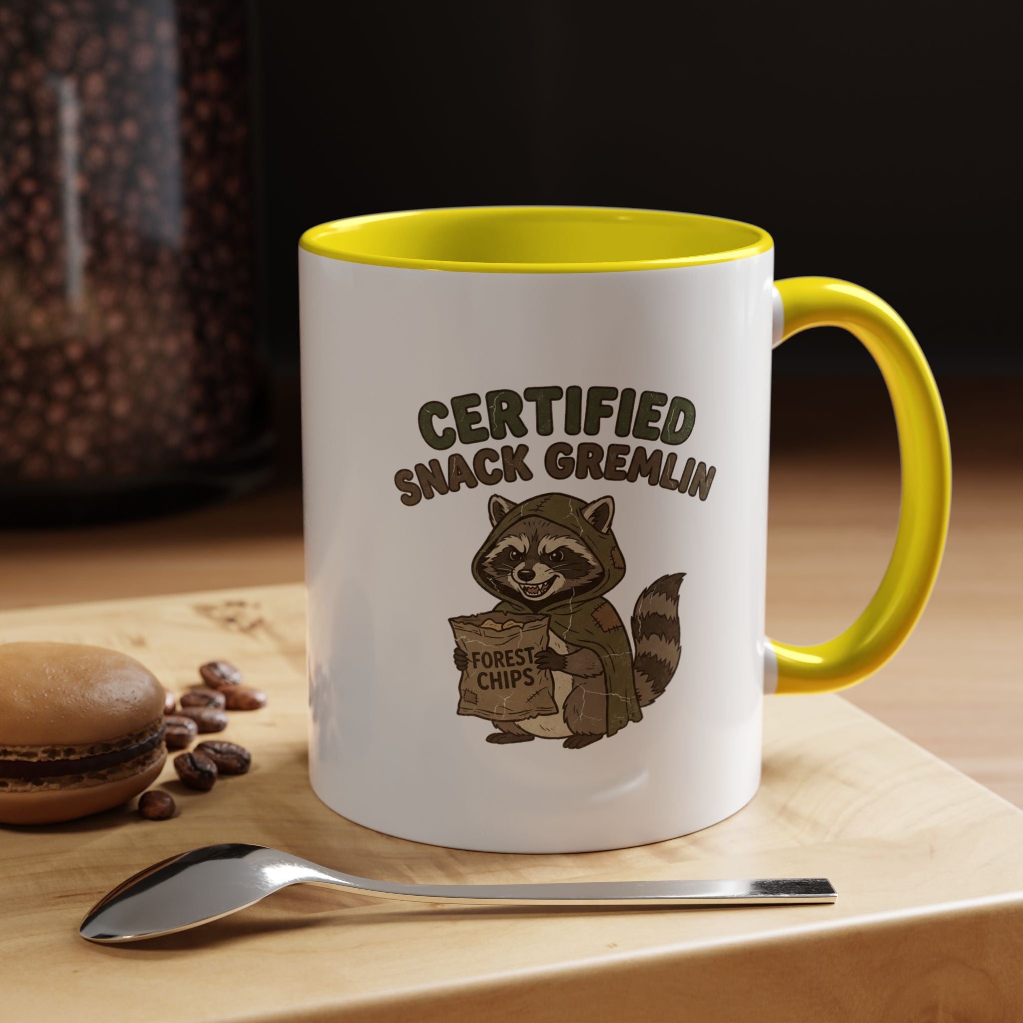 Funny Certified Snack Gremlin Coffee Mug — Cute Raccoon Snack Lover Accent Mug