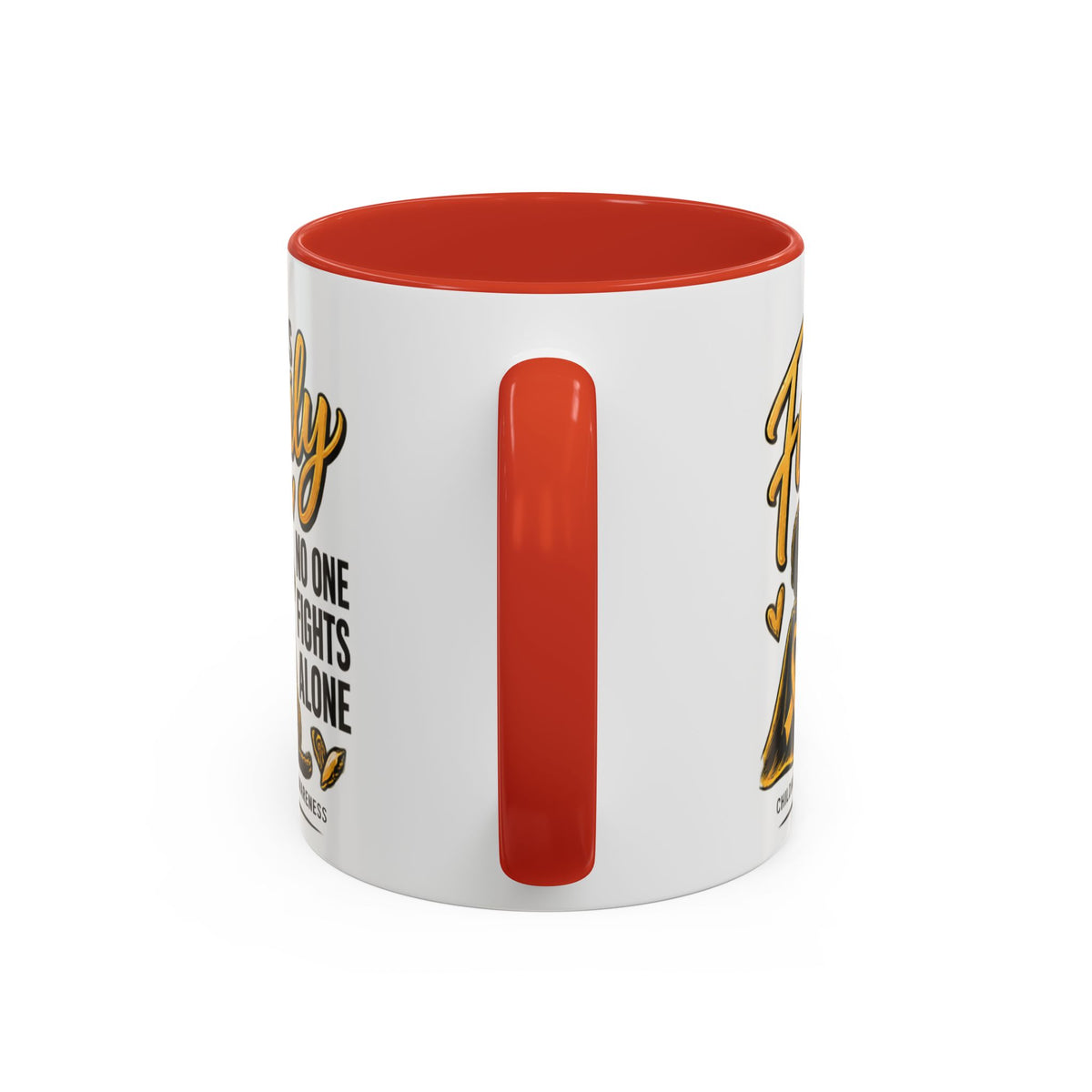 Childhood Cancer Awareness Accent Coffee Mug – "In This Family No One Fights Alone" (11/15oz)