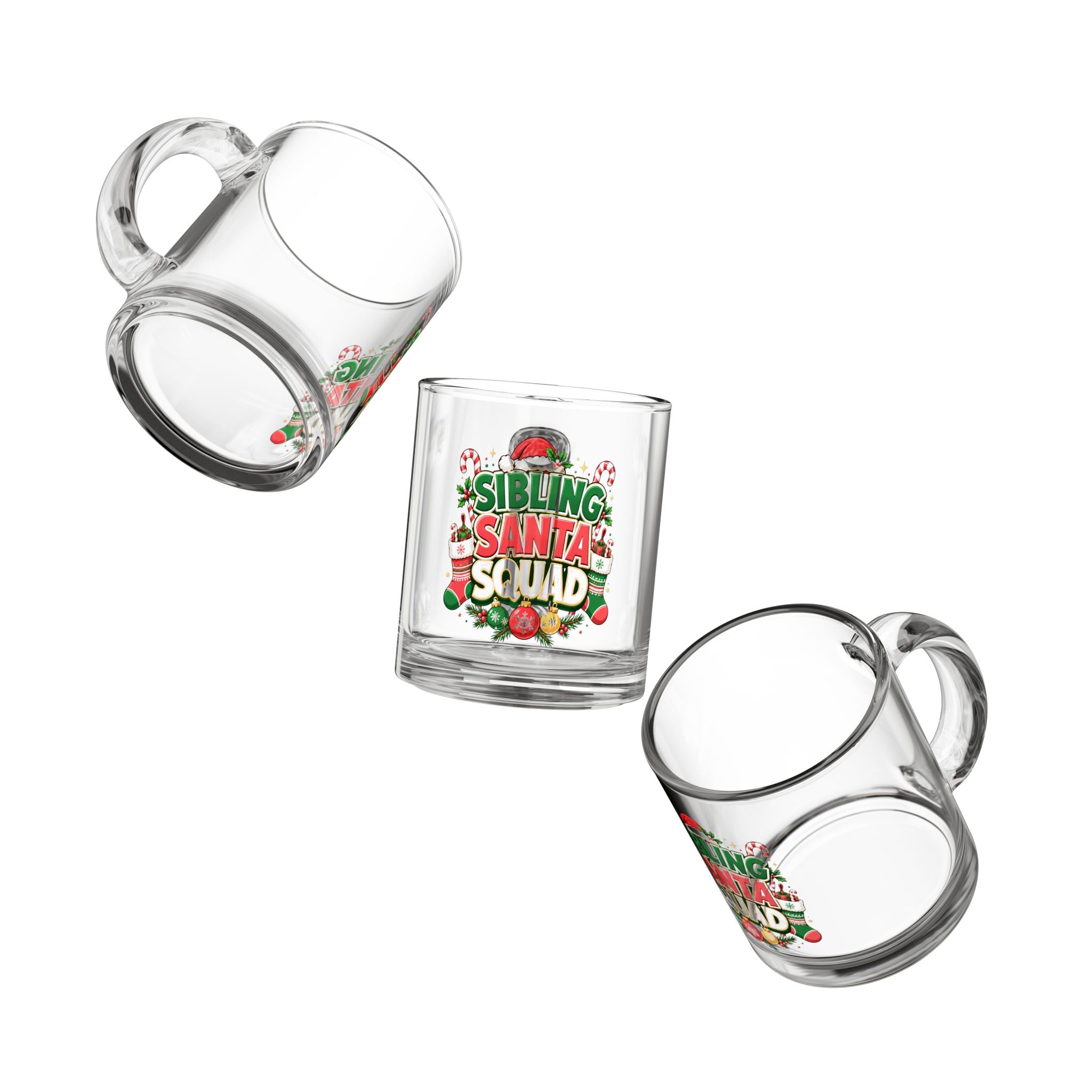 Christmas Glass Mug 10 oz Sibling Santa Squad Glass Mug — 10oz Christmas Holiday Coffee Cup