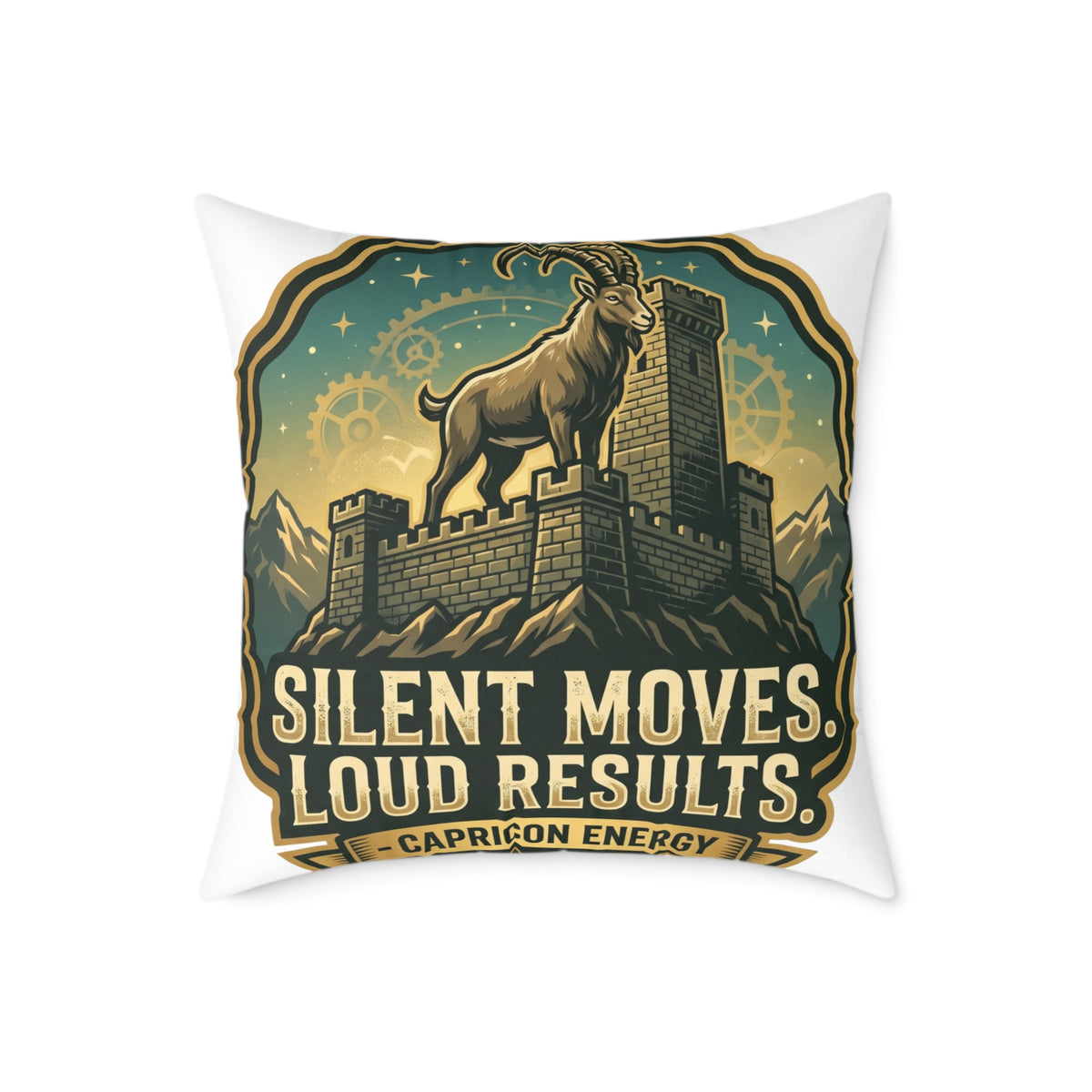 Capricorn Pillow — "Silent Moves, Loud Results" Square Throw Pillow
