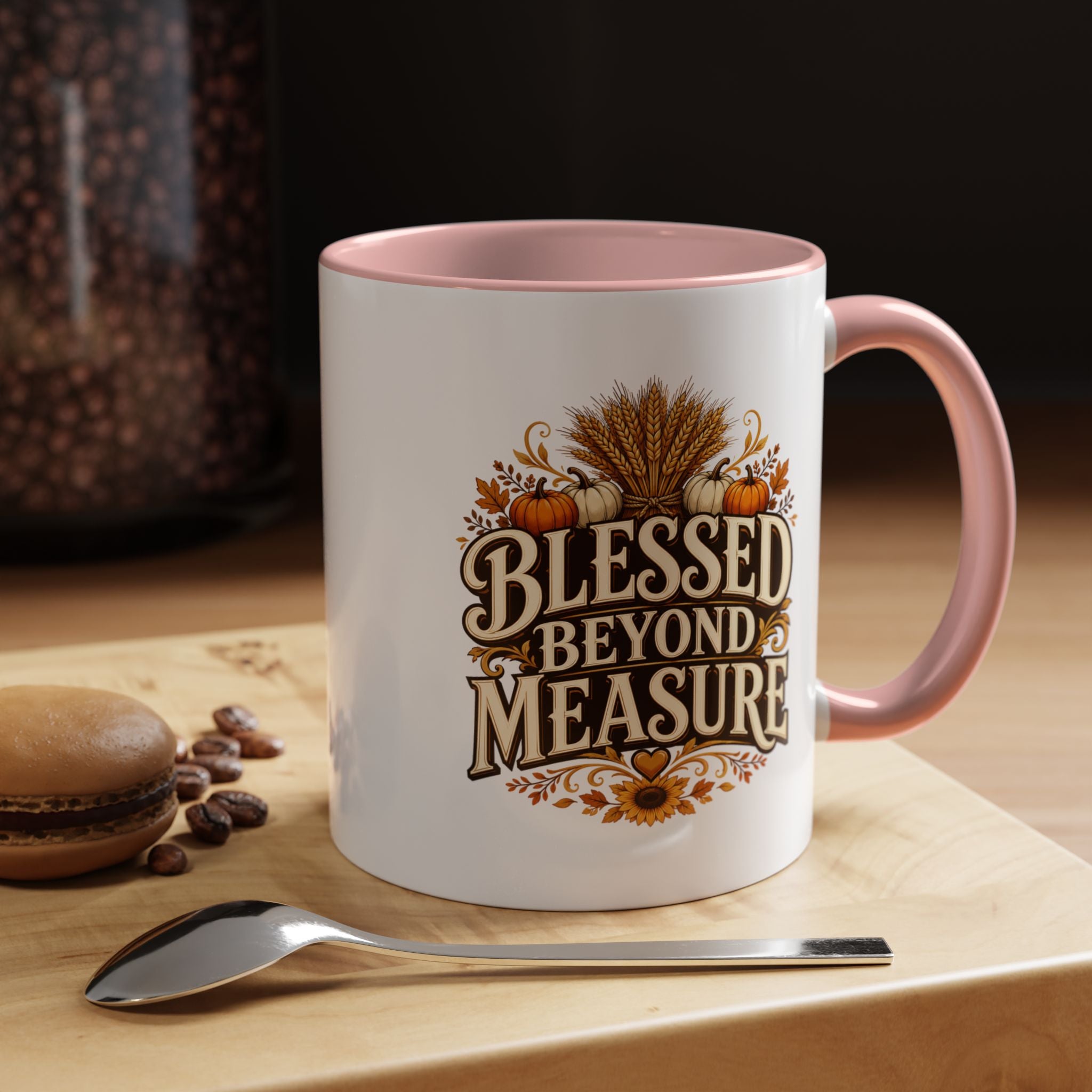 Thanksgiving Mug Blessed Beyond Measure Accent Coffee Mug — Fall Pumpkin & Wheat Autumn Faith Mug