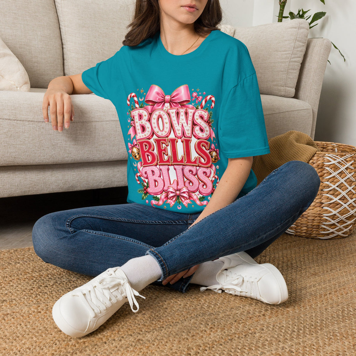 Bows Bells Bliss Christmas T‑Shirt — Pink Holiday Bow Graphic