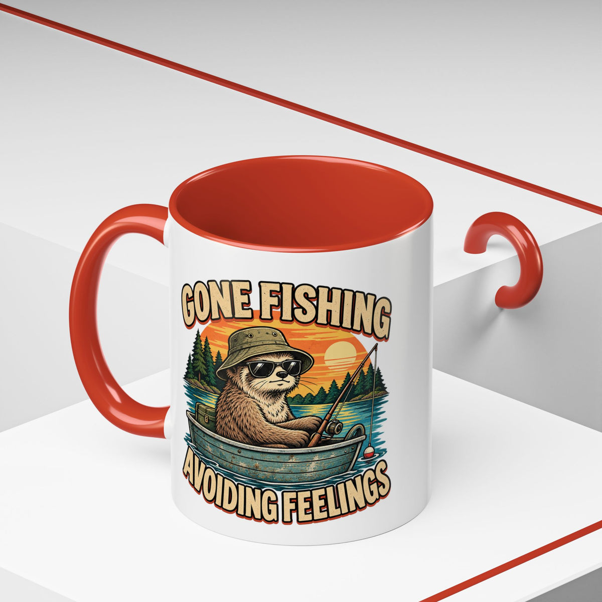 Funny And Witty "Gone Fishing Avoiding Feelings" Accent Coffee Mug (11, 15oz)