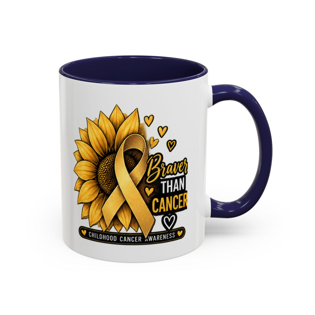 Childhood Cancer Awareness Mug — "Braver Than Cancer" Sunflower & Gold Ribbon
