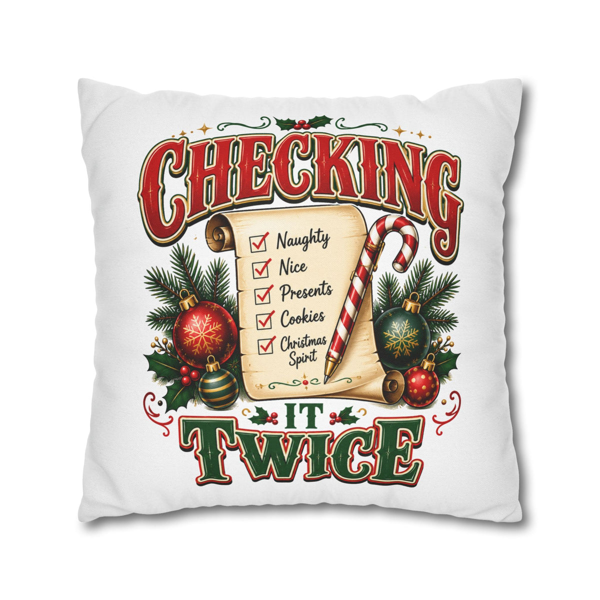Checking It Twice Christmas Pillowcase — Festive Holiday Checklist Throw Pillow Cover