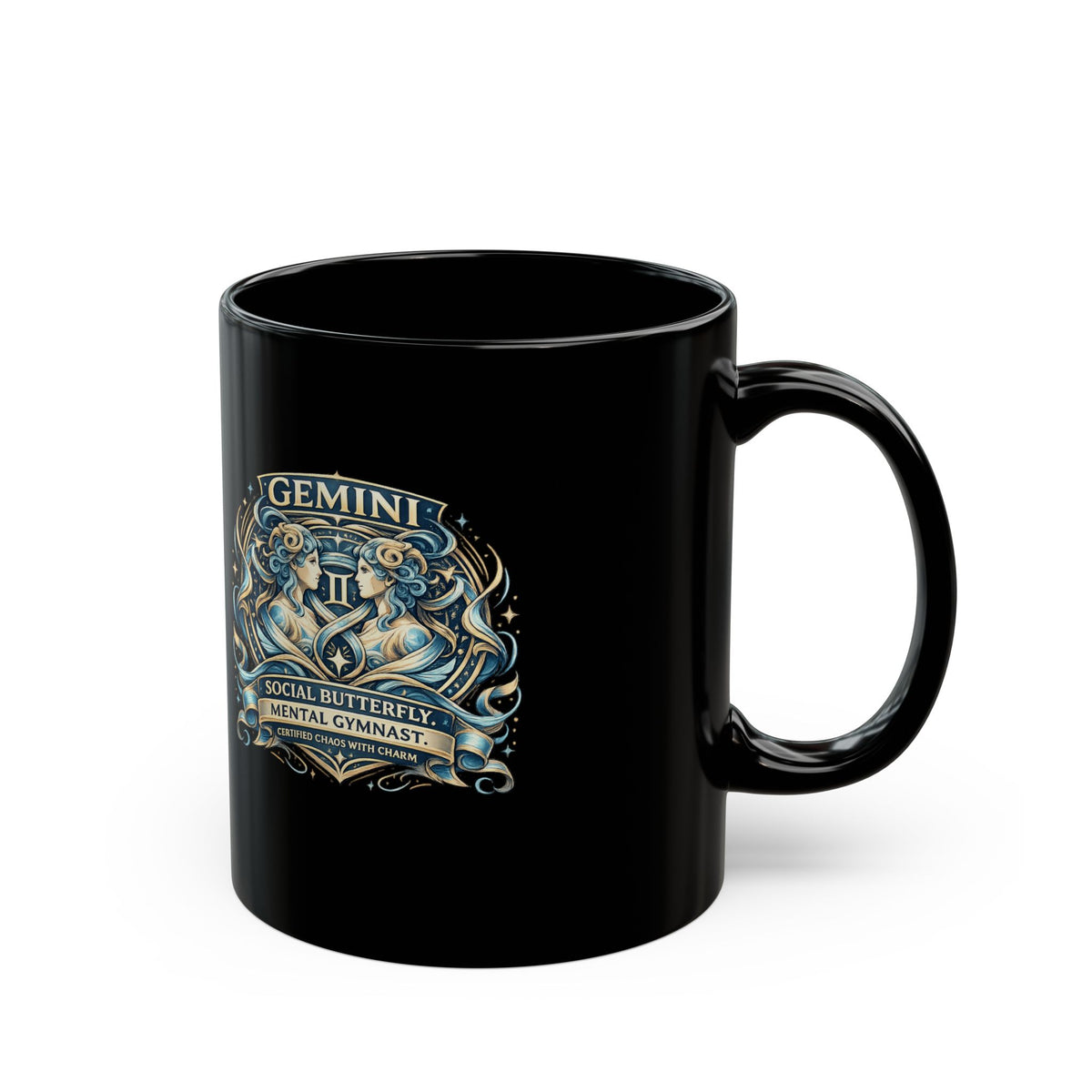 Gemini Zodiac Black Mug — 'Social Butterfly, Mental Gymnast' Astrology Coffee Cup