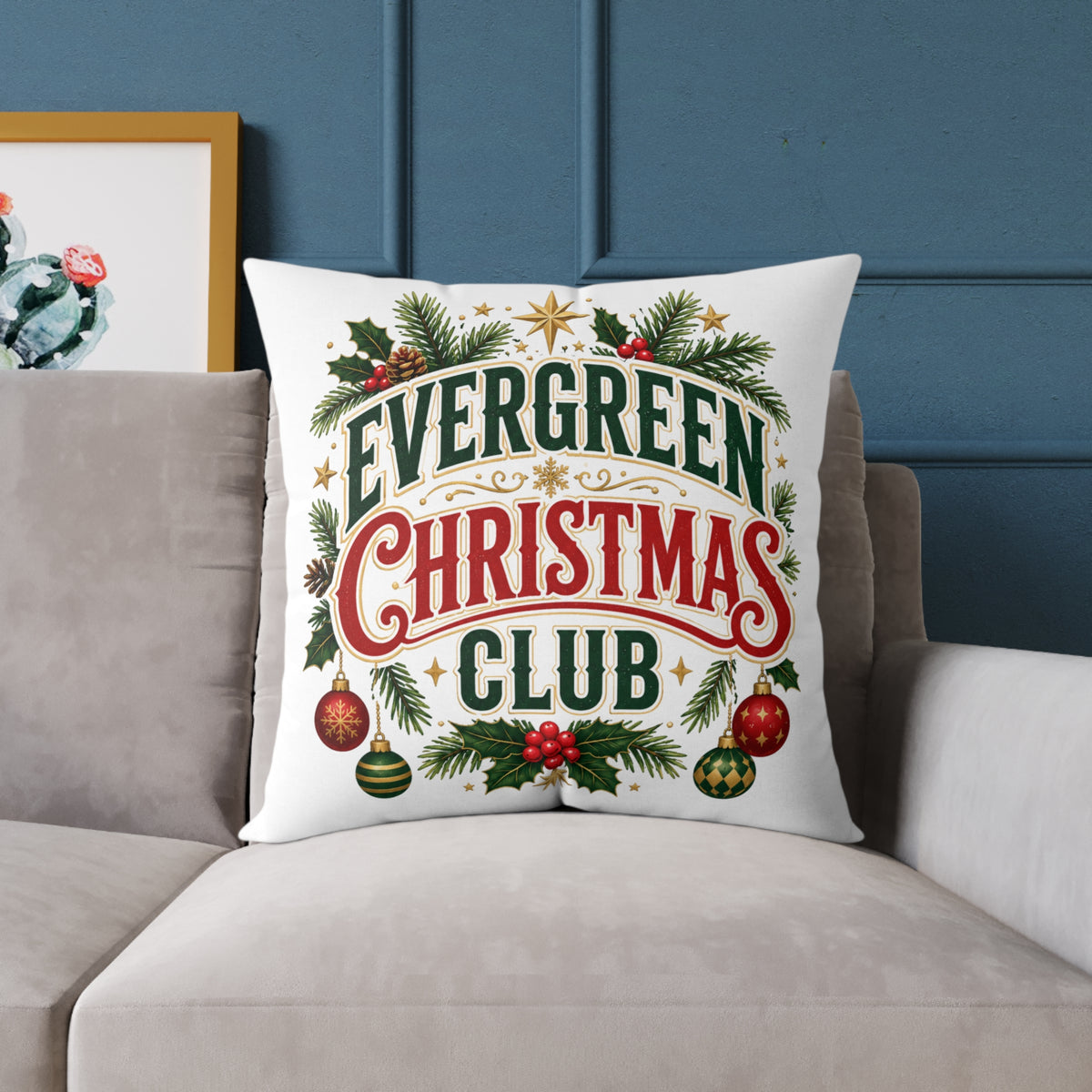 Evergreen Christmas Club Holiday Throw Pillow — Festive Pine Wreath Decorative Pillow