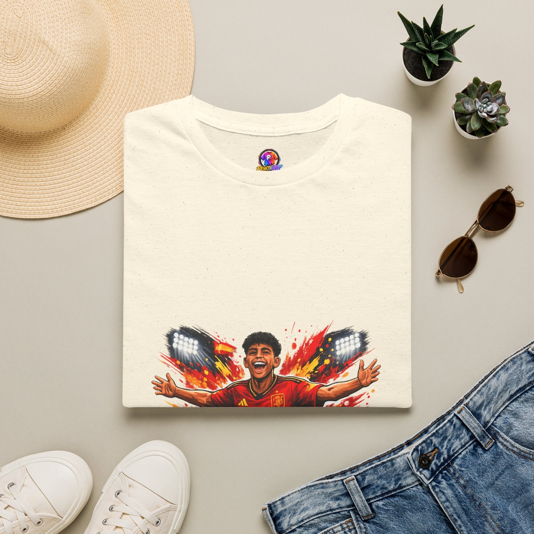Spain Soccer Fan Portrait T‑Shirt – Fiery Goal Celebration Design