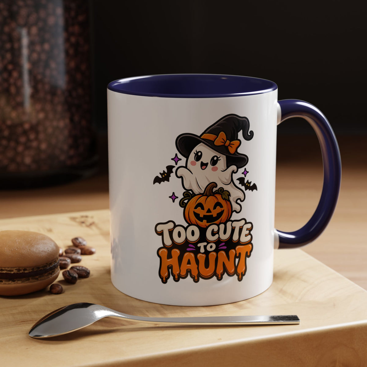Halloween Coffee Mug - 'Too Cute to Haunt' Ghost Pumpkin Accent Mug