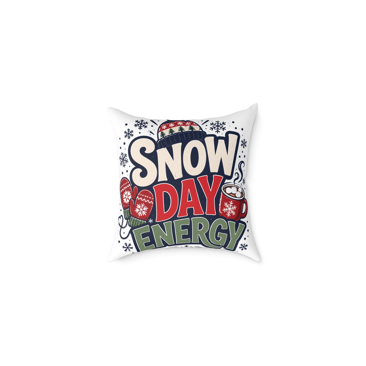 Christmas Snow Day Energy Pillow — Cozy Winter Decorative Throw Pillow with Holiday Mug & Mittens Design