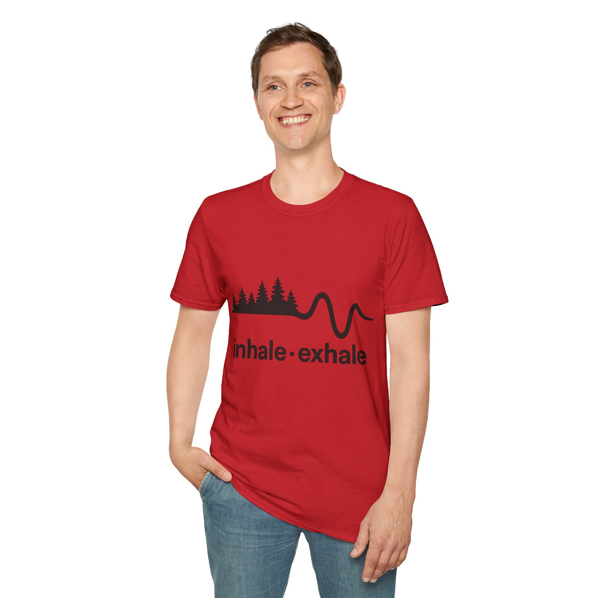 "Inhale Exhale" Mountain Pulse Graphic Tee - Minimalist Breathe Yoga Mindfulness White T-Shirt - Trending Now - September 2026