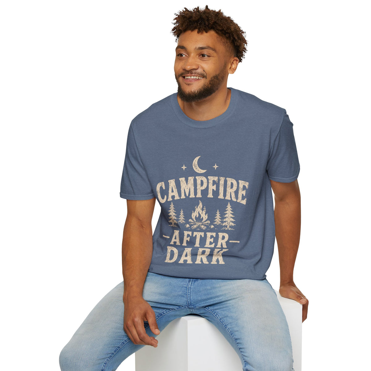 Campfire After Dark T-Shirt — Cozy Camping Moon & Trees Graphic