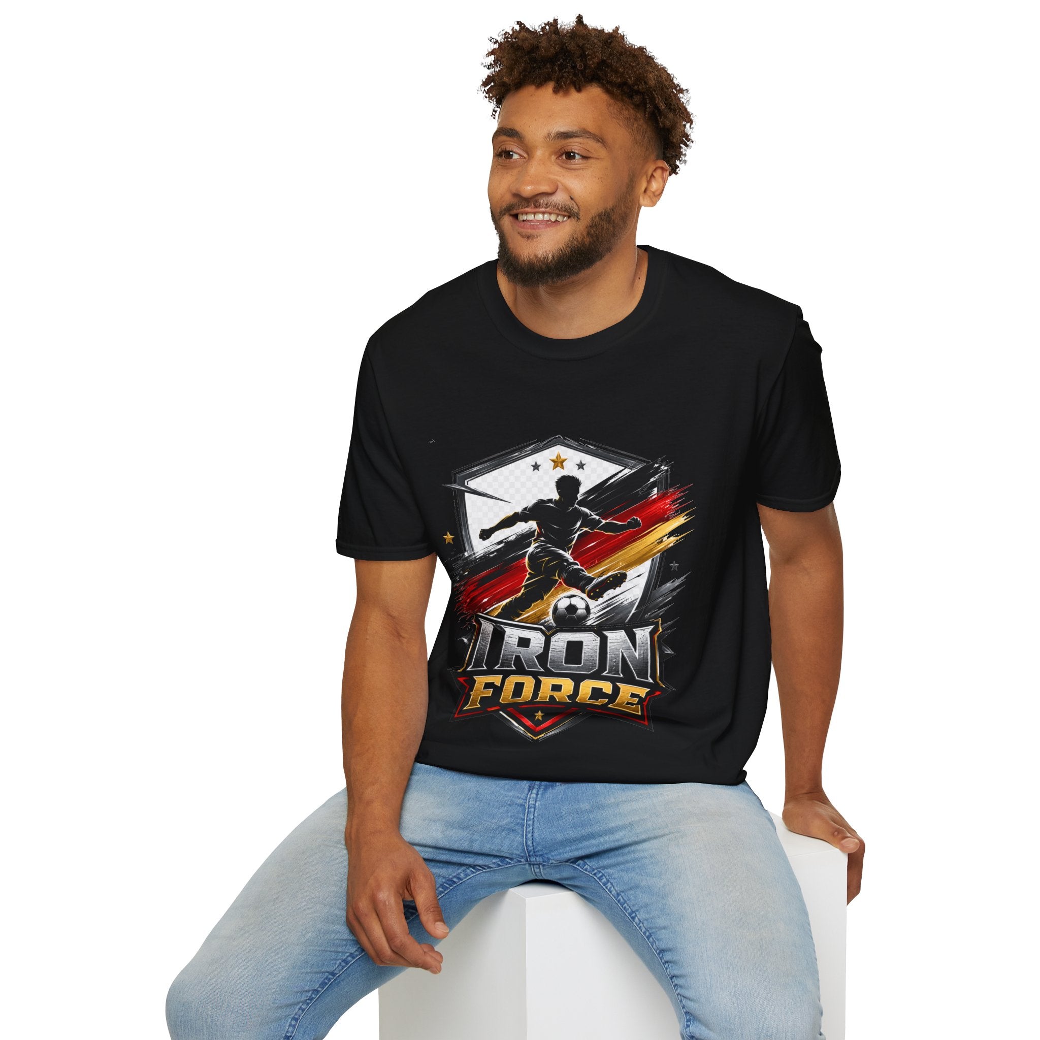 Germany Soccer 'Iron Force' Graphic T-Shirt — Player Silhouette with Red & Gold Brushstroke Emblem