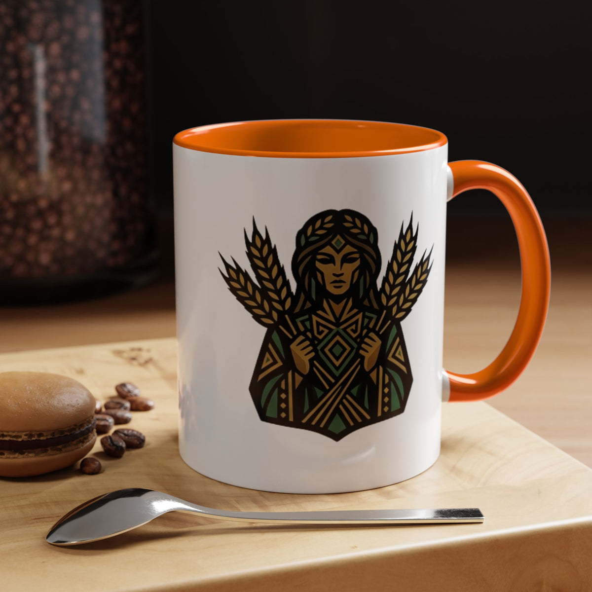 Virgo Zodiac Harvest Goddess Accent Coffee Mug — Rustic Wheat & Earthy Green Tribal Design