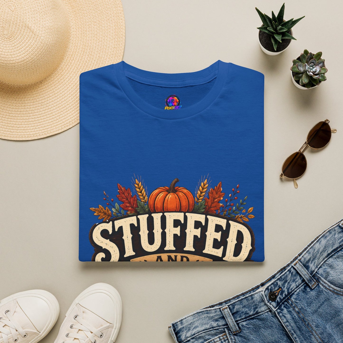 Stuffed and Thankful T-Shirt — Thanksgiving Pumpkin Fall Graphic Tee