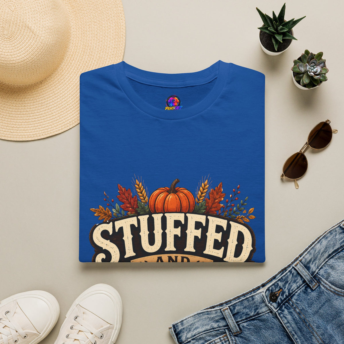 Thanksgiving T-Shirt Stuffed and Thankful T-Shirt — Thanksgiving Pumpkin Fall Graphic Tee