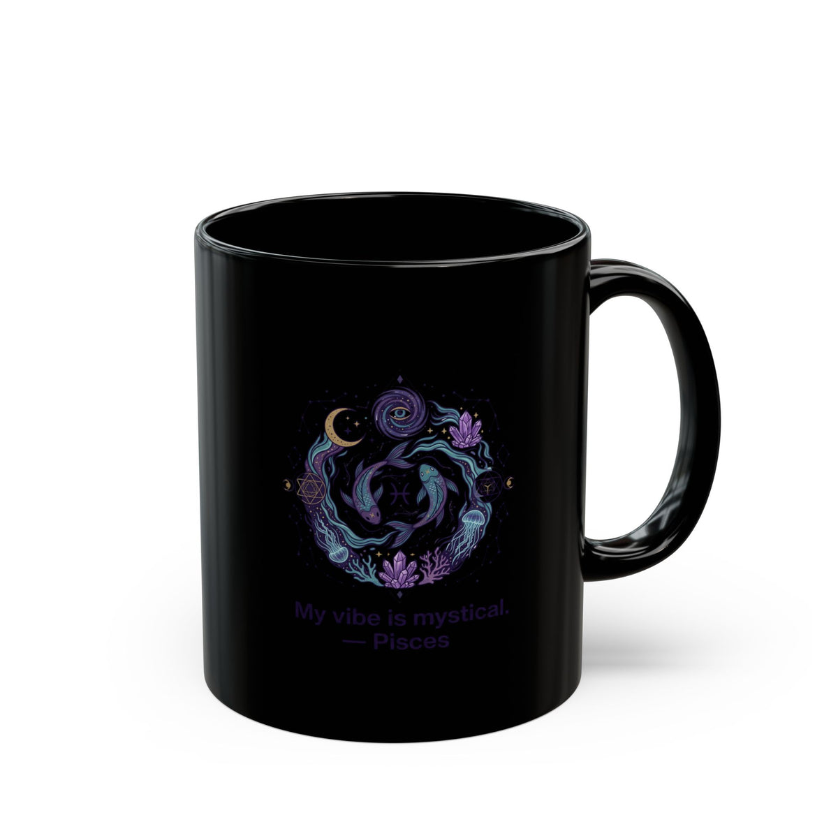 Pisces Zodiac Mystical Pisces Black Mug – Zodiac Coffee Cup with Moon & Floral Design