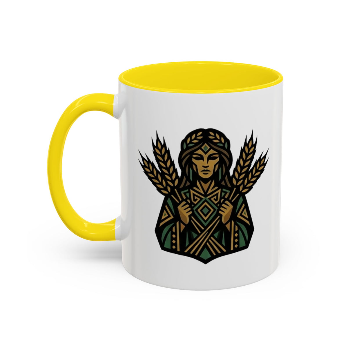Virgo Zodiac Harvest Goddess Accent Coffee Mug — Rustic Wheat & Earthy Green Tribal Design