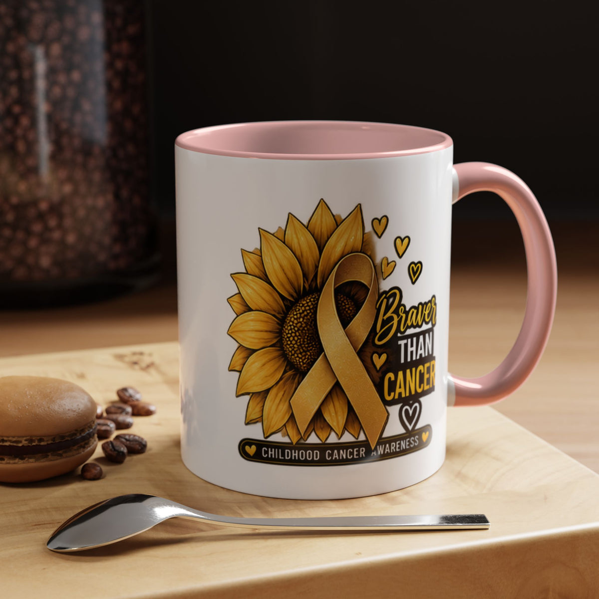 Childhood Cancer Awareness Mug — "Braver Than Cancer" Sunflower & Gold Ribbon