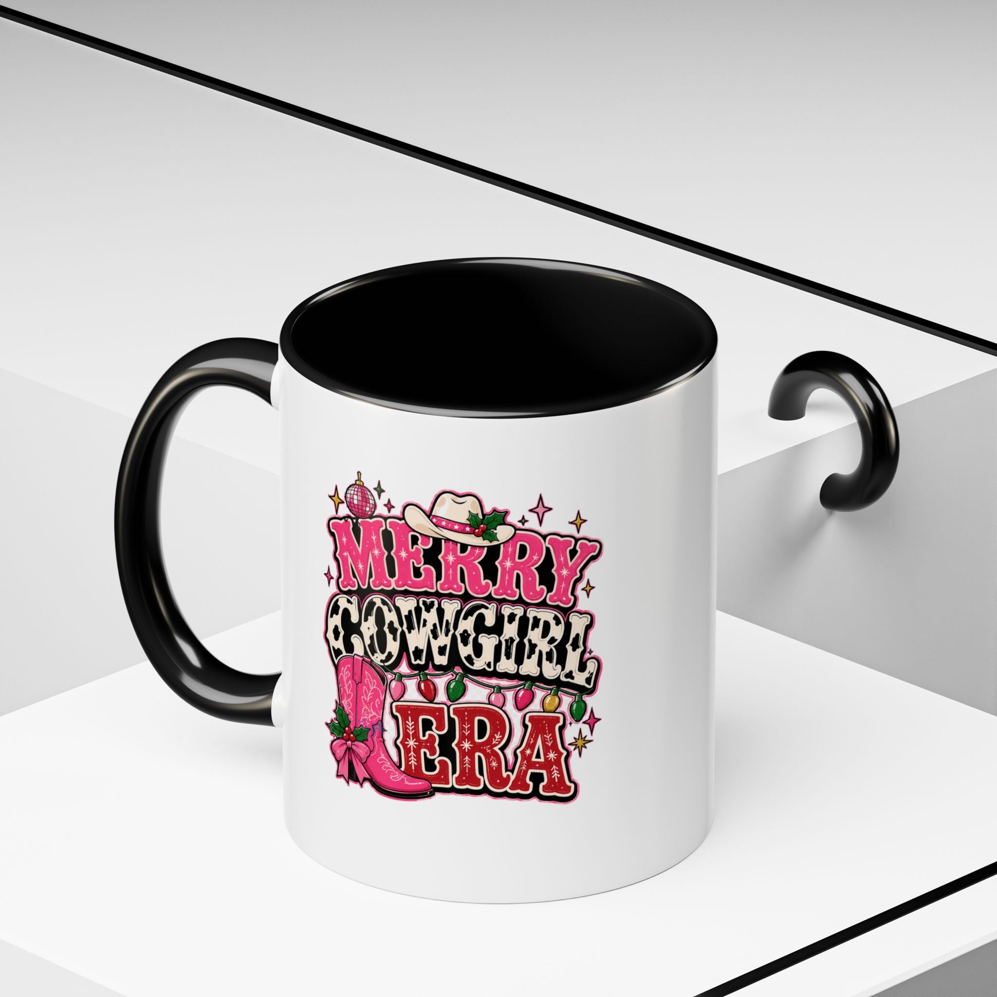 Modern Day Christmas Merry Cowgirl Era Accent Coffee Mug — Festive Pink Western Cowboy Boots & Hat Mug