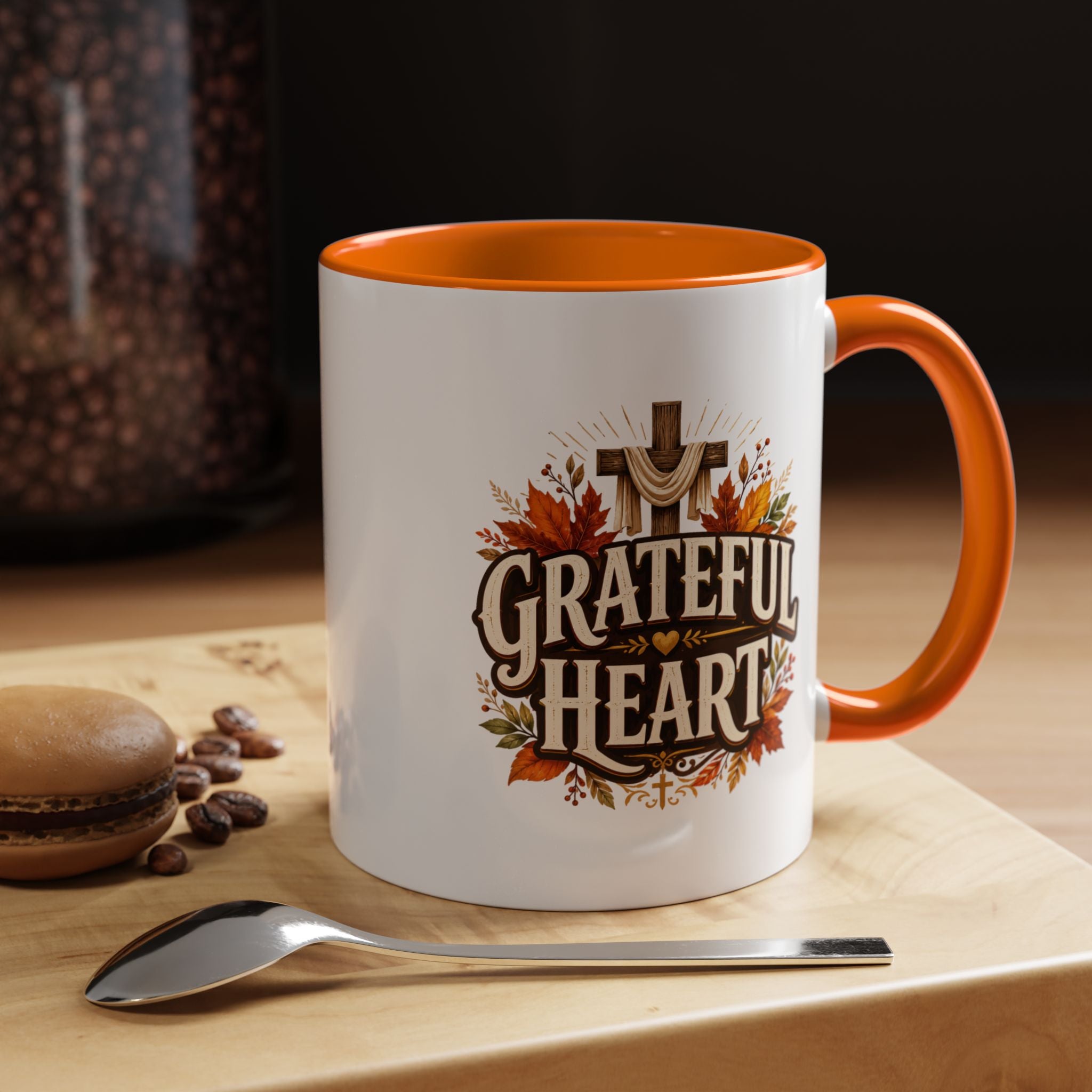 Thanksgiving Mug Grateful Heart Accent Coffee Mug – Autumn Leaves & Cross Spiritual Thanksgiving Gift