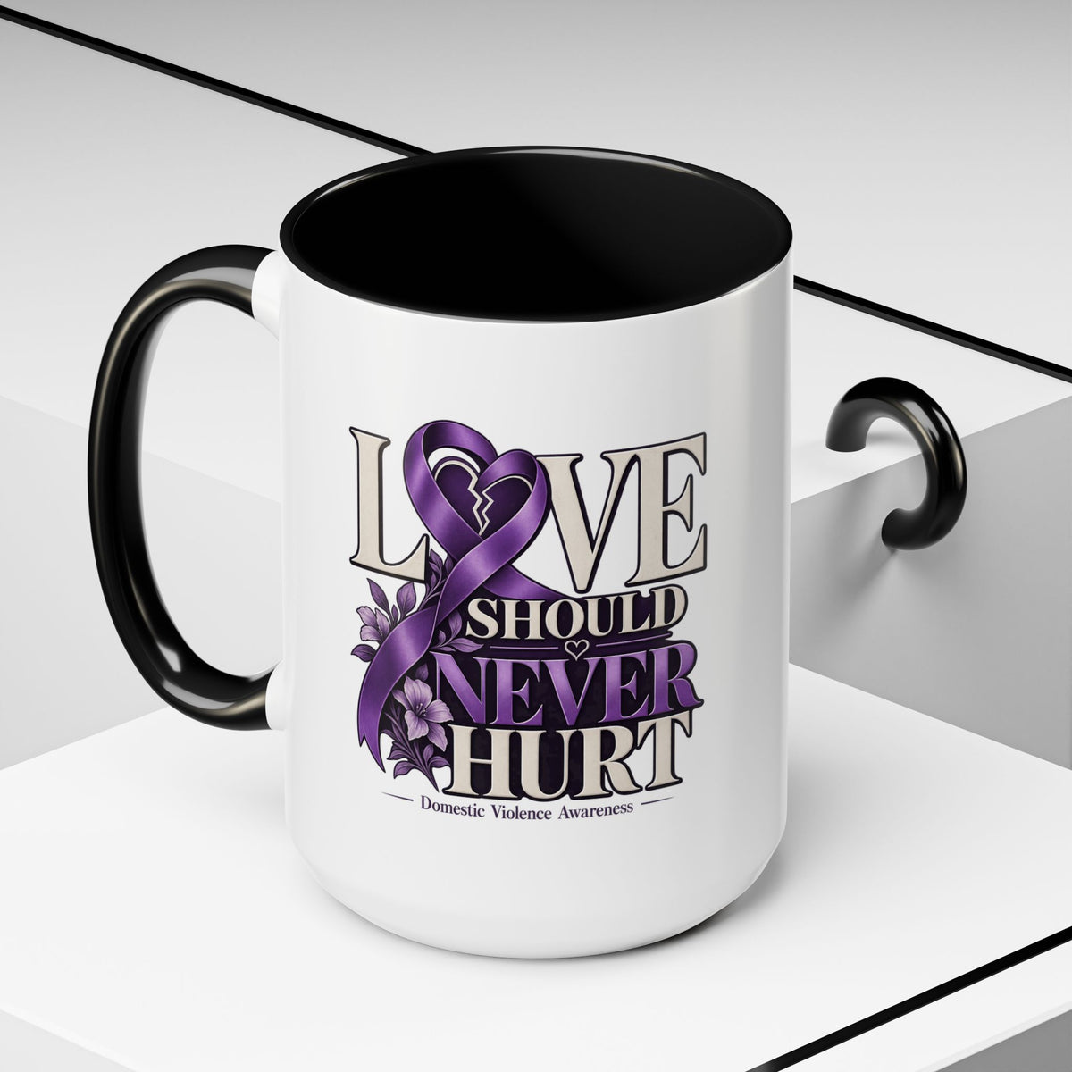 Domestic Violence Awareness Accent Coffee Mug – "Love Should Never Hurt" (11/15oz)