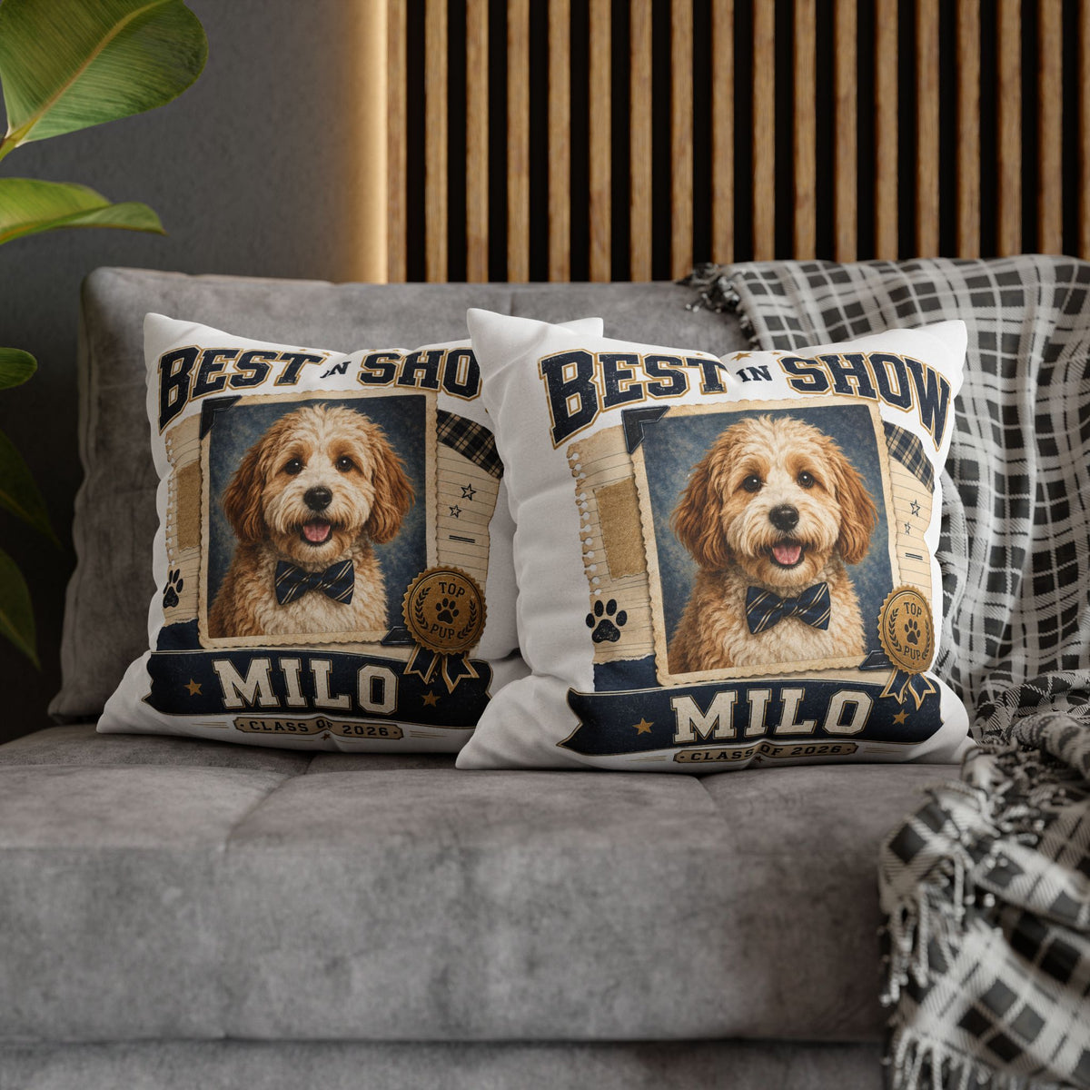 Best in Show Personalized Dog Pillowcase — 'Milo' Pet Portrait Throw Pillowcase Milo Bailey Dog Dad Mom