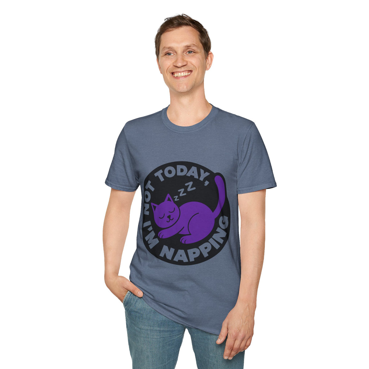 Not Today I'm Napping Purple Cat Tee - Funny Sleeping Kitten Badge Graphic T-Shirt - Trending Now - September 2026