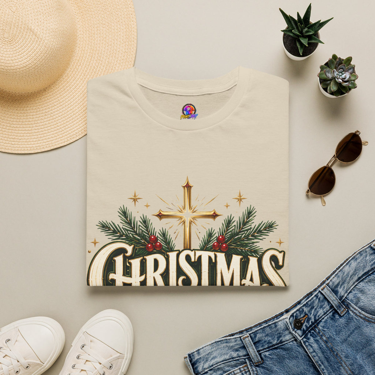 Christmas Blessed T-Shirt — Faith-Based Holiday Tee with Cross & Pine Design